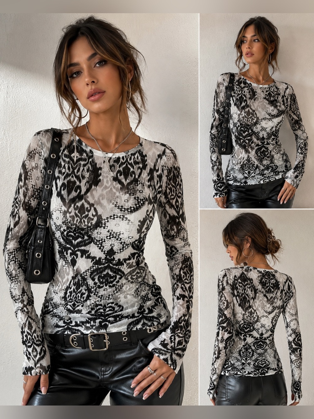 Avani Black White Damask Print Mesh Long Sleeve Top Small Y2K Stretch Boho Chic